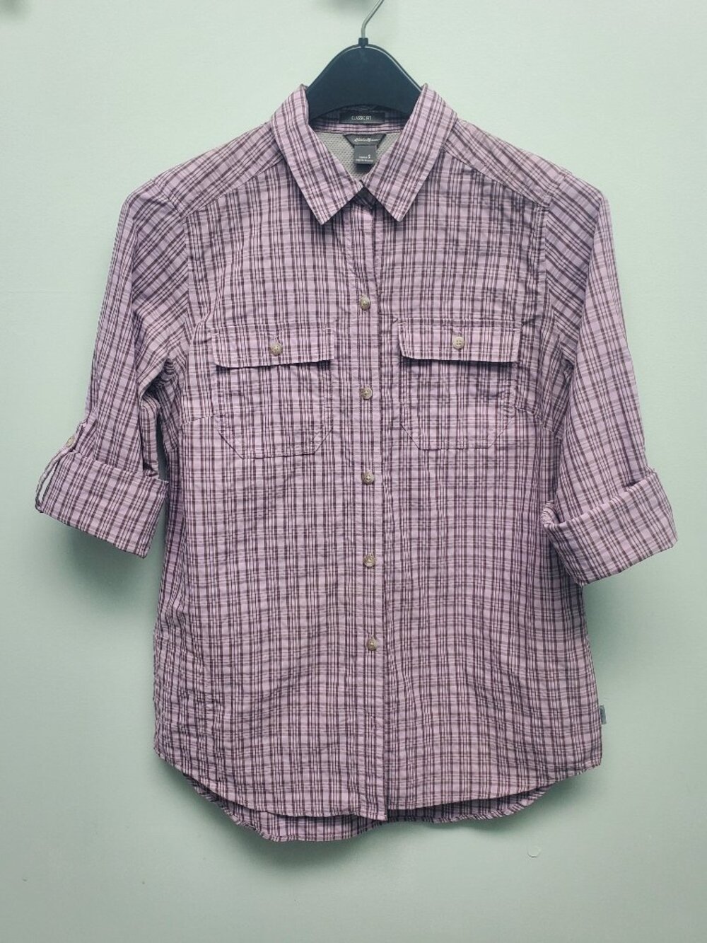 Eddie Bauer Hiking Shirt Purple Orchid Plaid Roll Tab Sleeve Pockets Small EUC